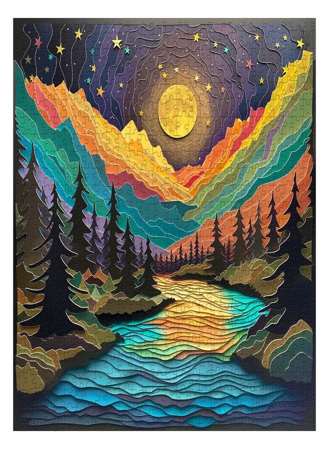 PPuzzling Magic Starry Night Puzzles for Adults 1000 Pieces, Nature Tree Mountain River Sunset Landscape Puzzle, Colorful Autostereoscopy Puzzle Paper Cut Art Puzzle, Difficult Hard Challenge Jigsaw Puzzle - Image 1